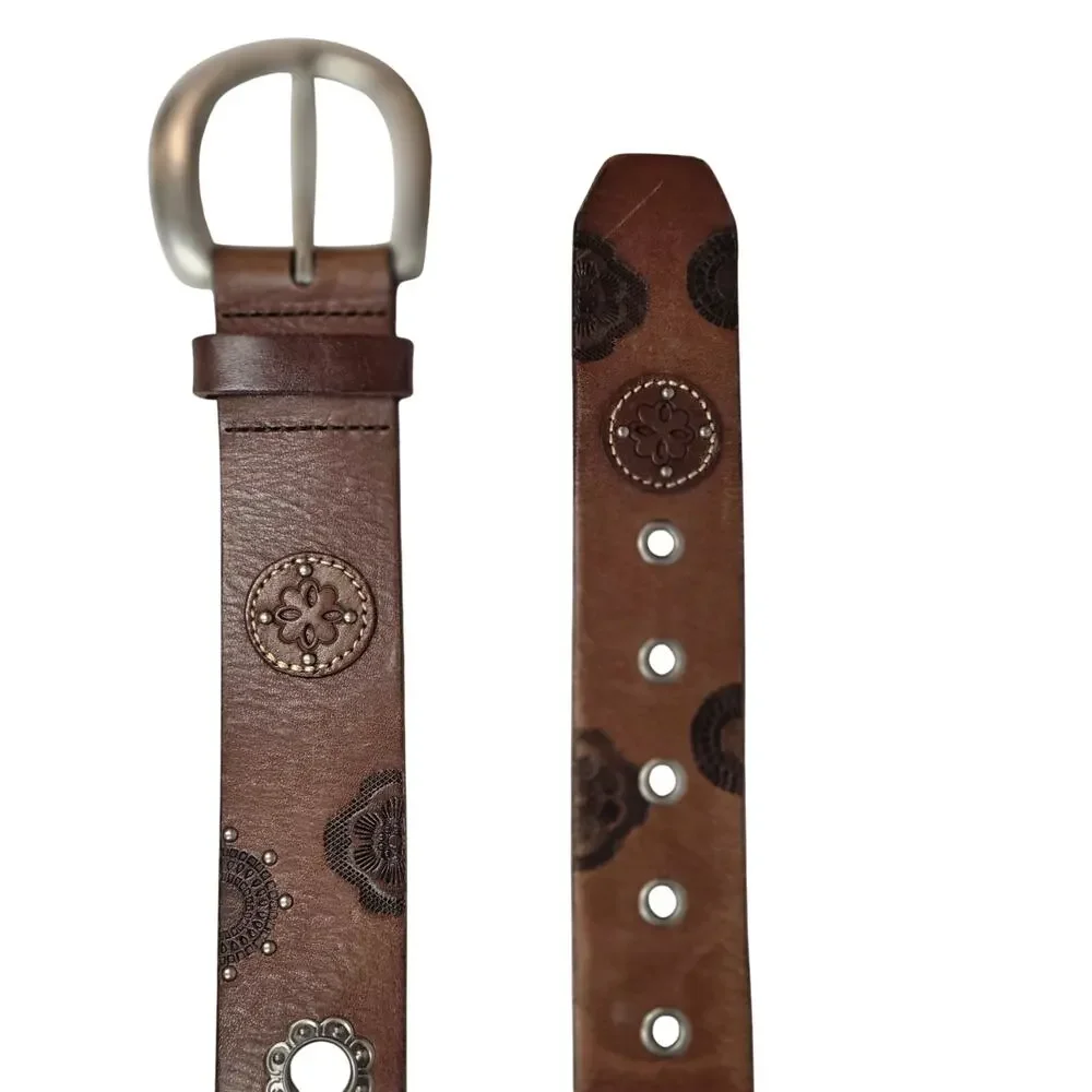 Boho Genuine Leather Embossed Medallion Belt | Brown Western Festival | Medium